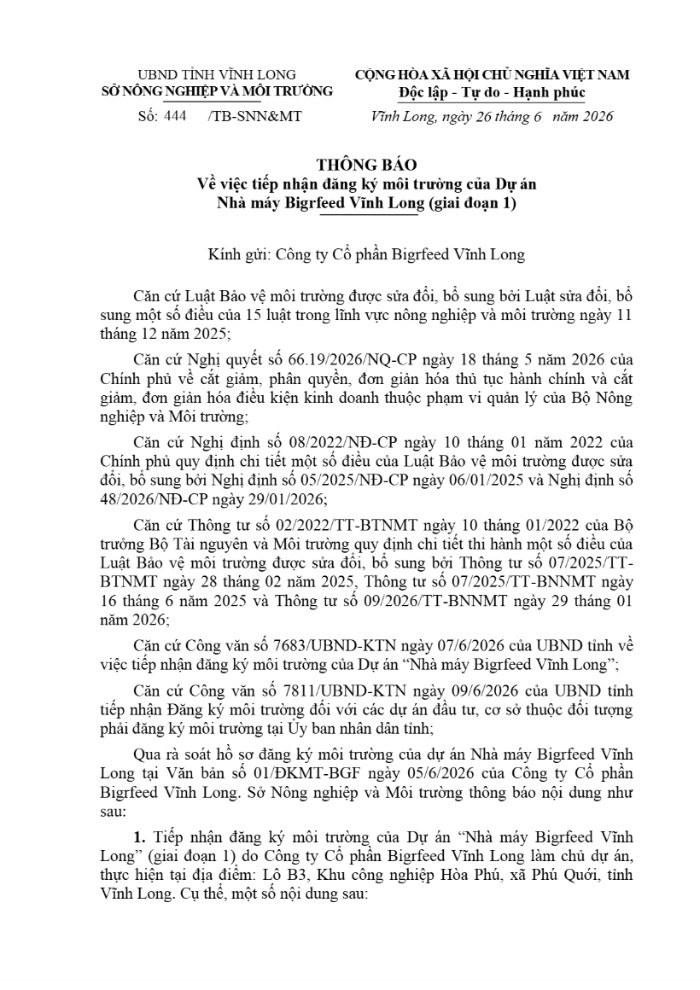 Trang đầu Thông báo tiếp nhận đăng ký môi trường số 444/TB-SNN&MT